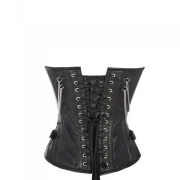 Renner Black Faux Leather Overbust Corset with Buckle Design - Image 2